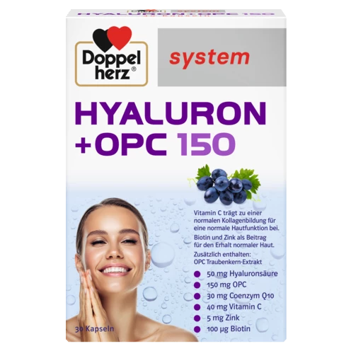 Abbildung der Produktverpackung Doppelherz system HYALURON + OPC 150 Frontansicht